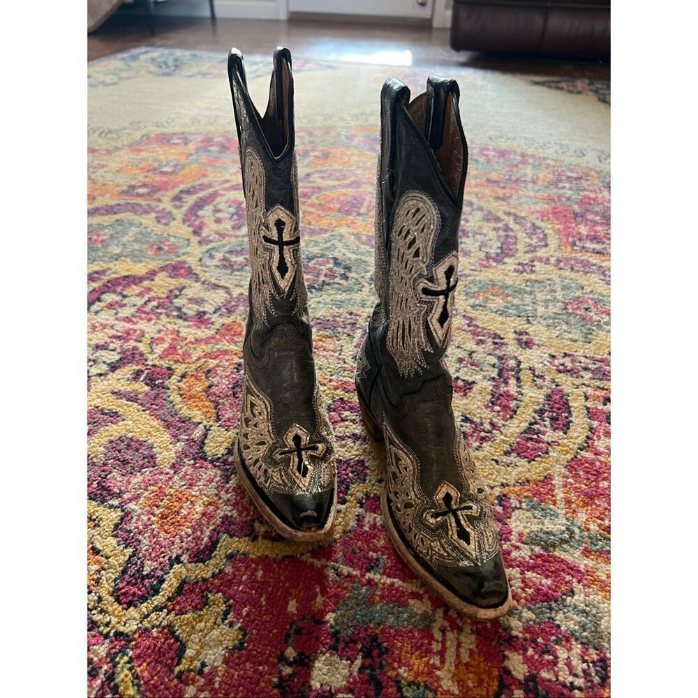 Corral Boots Black Cross & Wings Embroidered Western Boots Size 2.5 Girls